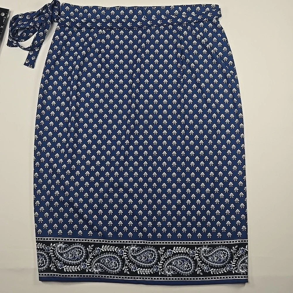 MK Michael Kors Blue Floral Paisley‎ Stretch-Knit Full Wrap Around Skirt Size 12